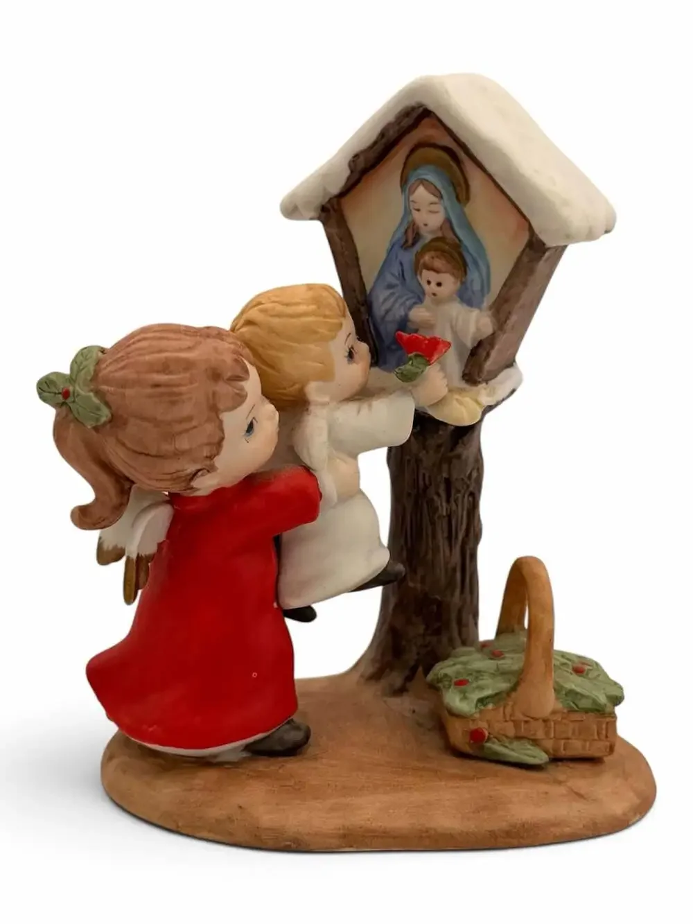 Vintage Ceramic Christmas Figurine Two Children with Shrine and Basket